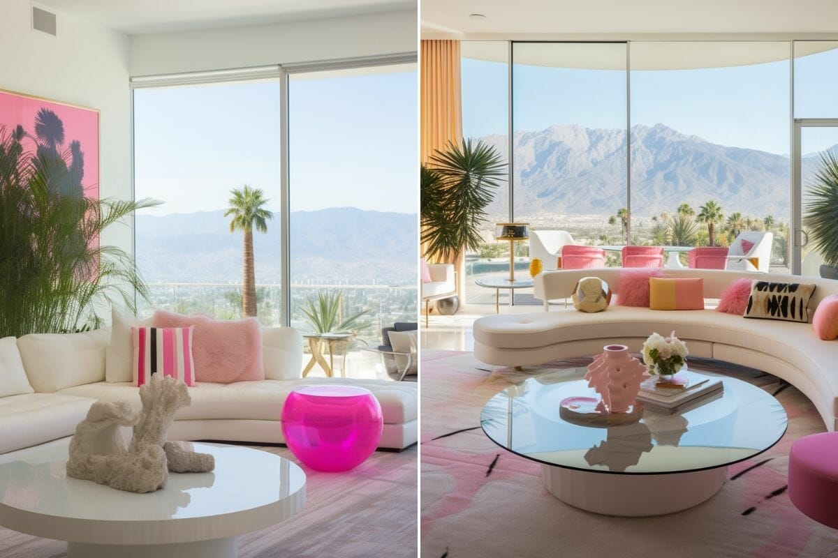 White and Barbiecore pink living rooms
