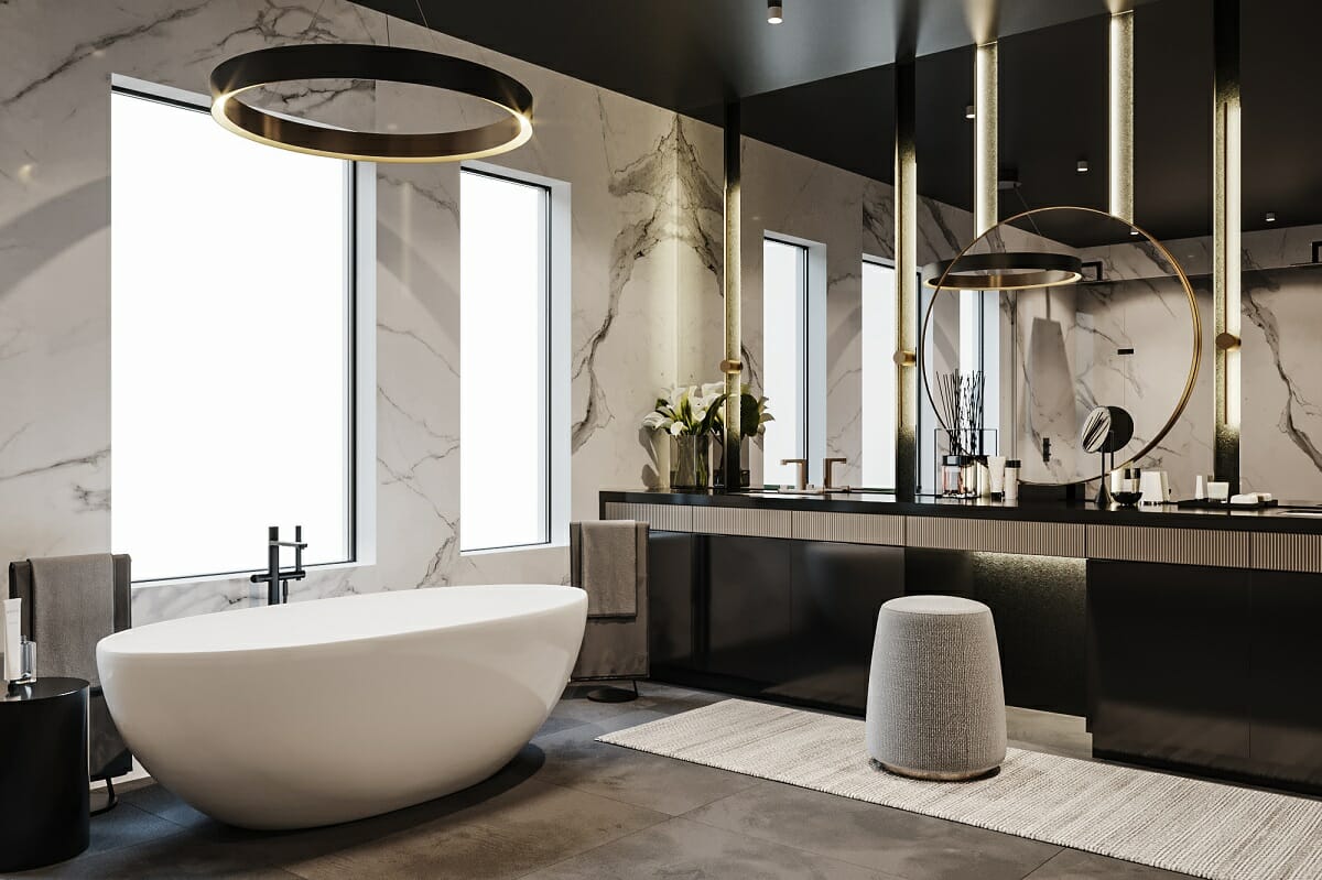 Bathroom ideas 2024 with a luxurious bathtub and lighting