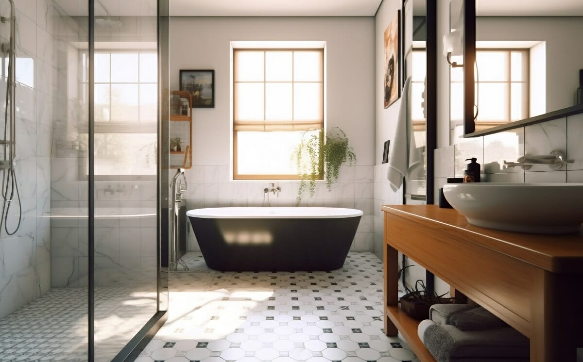 Bathroom remodel ideas 2024 with cute tile and a black bathtub