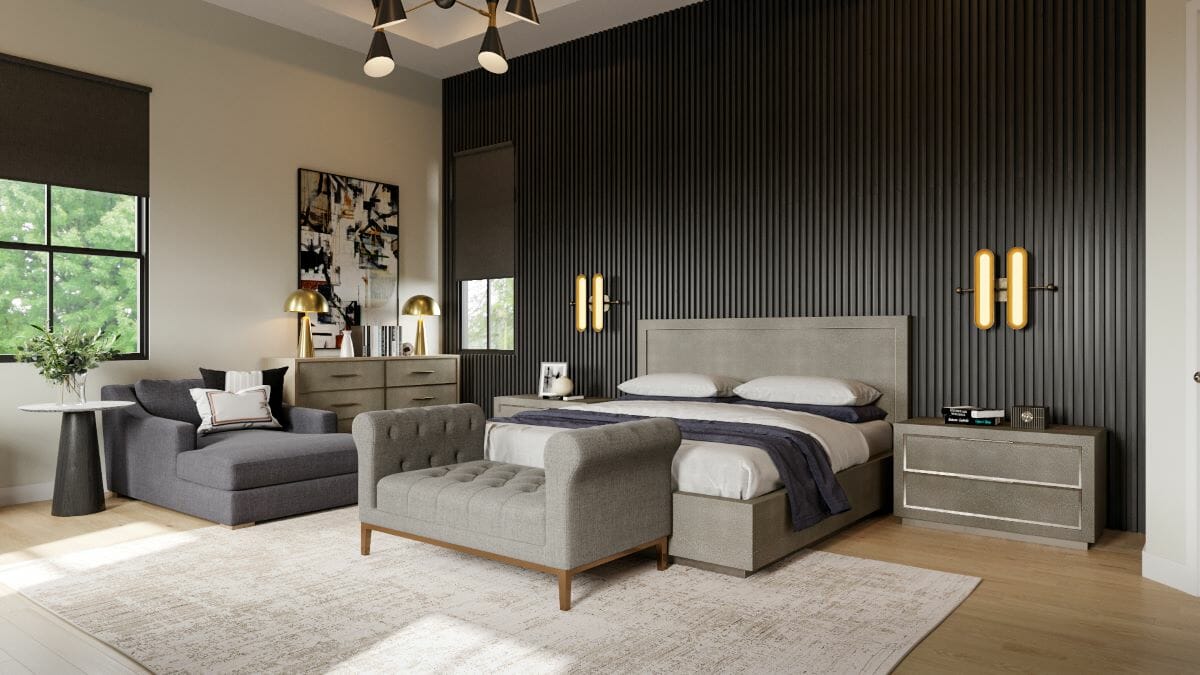 Black accent wall in a master bedroom by Decorilla