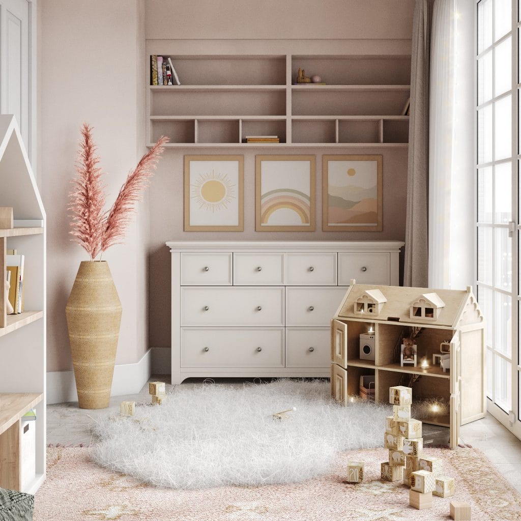 Boho nursery with abundant storage by Decorilla designer, Casey H.