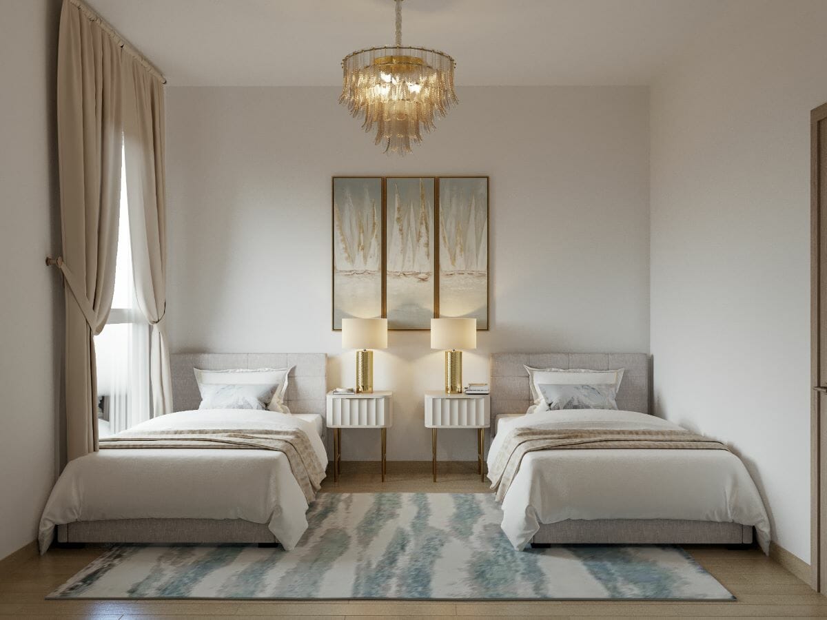 Classy light grey bedroom with white and gold room decor by Decorilla