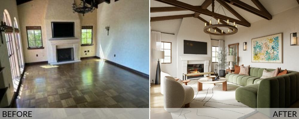 Contemporary Mediterranean living room before (left) and after (right) interior design by Decorilla