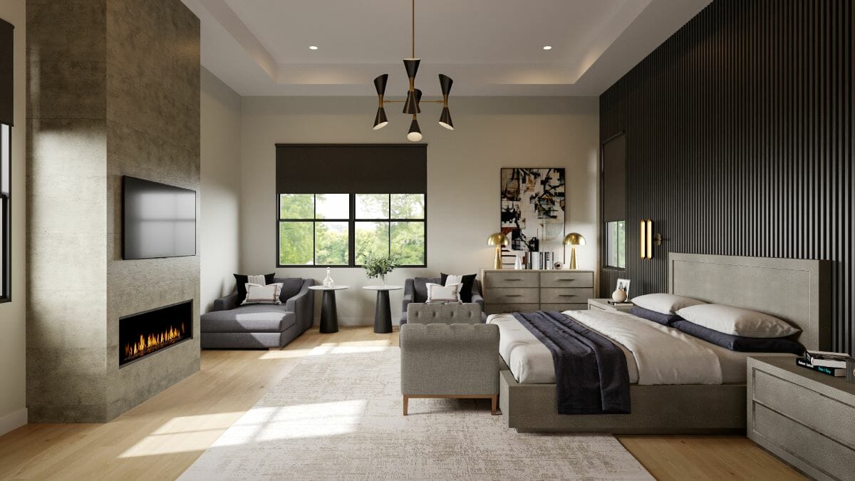 Dark feature wall in a bedroom designed by Decorilla