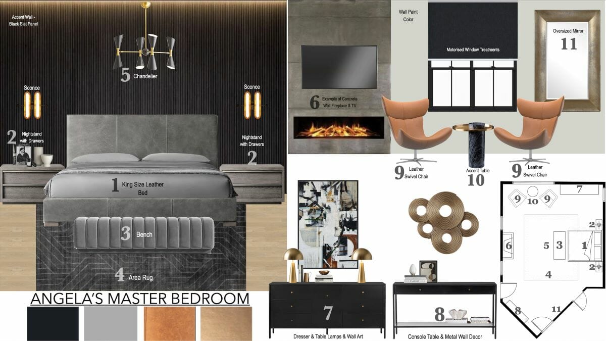 Design moodboard for a bedroom with a black accent wall by Decorilla