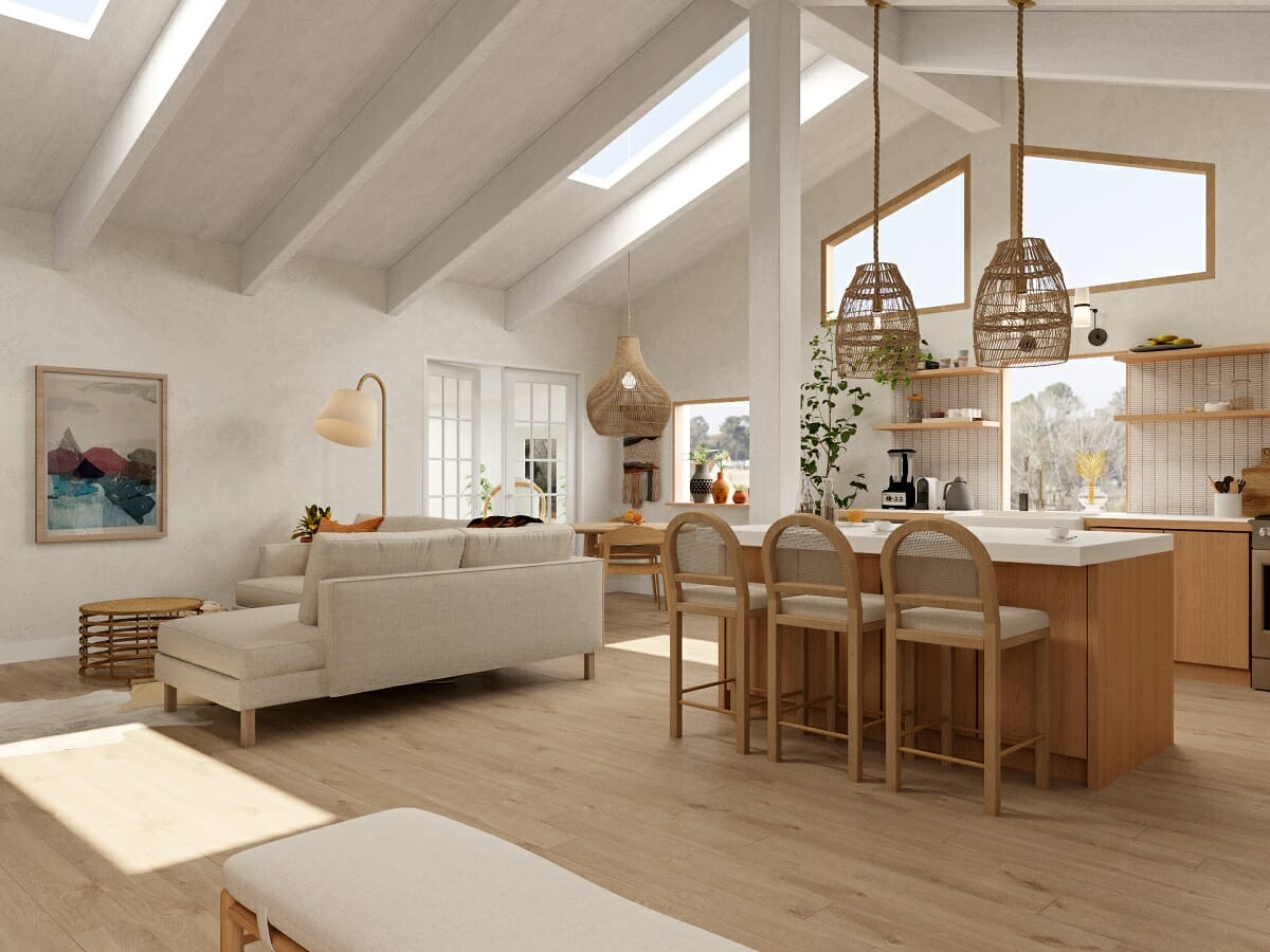 Designer home interior design of a kitchen and living room