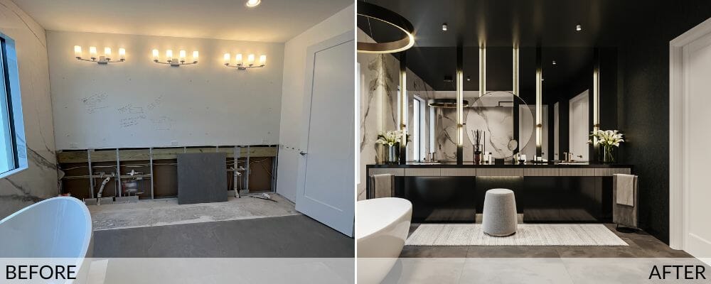 Glam bathroom decor before (left) and after (right) interior design solution by Decorilla