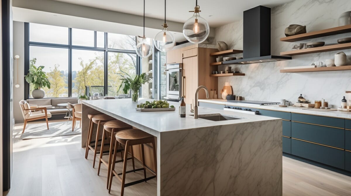 Kitchen trends 2024 with open shelving and stone counters