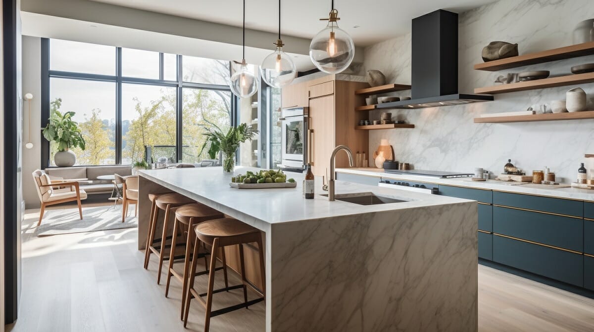 Modern Open Shelving Kitchen Design With Rug
