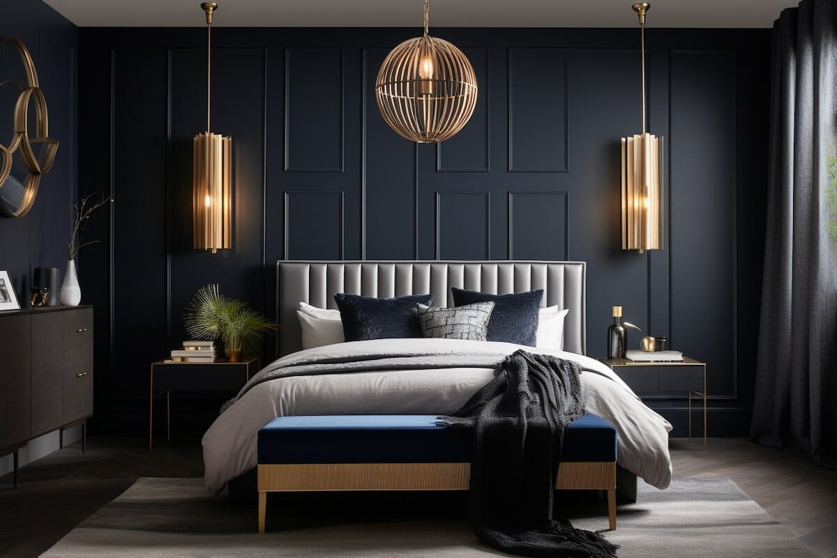 Master bedroom with a black accent wall