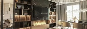 Modern living and dining room design with a moody interior design