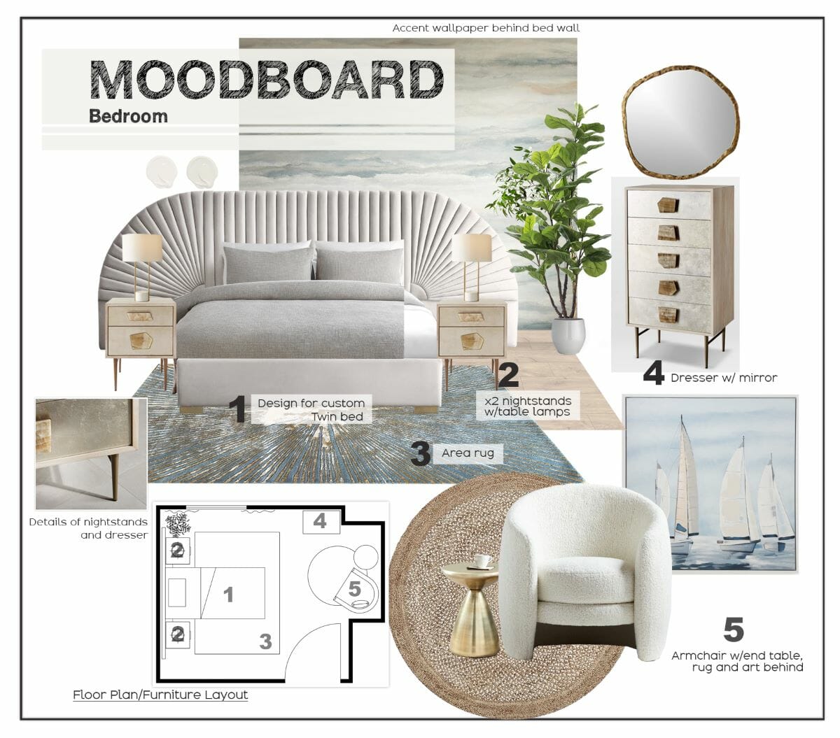 Moodboard for a classy grey and gold bedroom by Decorilla