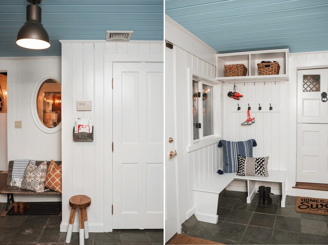 Mudroom design ideas with seating by Decorilla designer Lindsay B