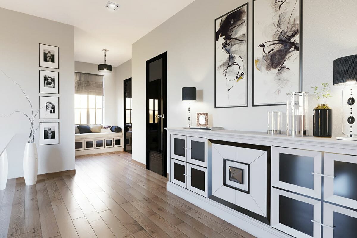 Mudroom design with a built-in storage bench by Decorilla designer Anahit M.