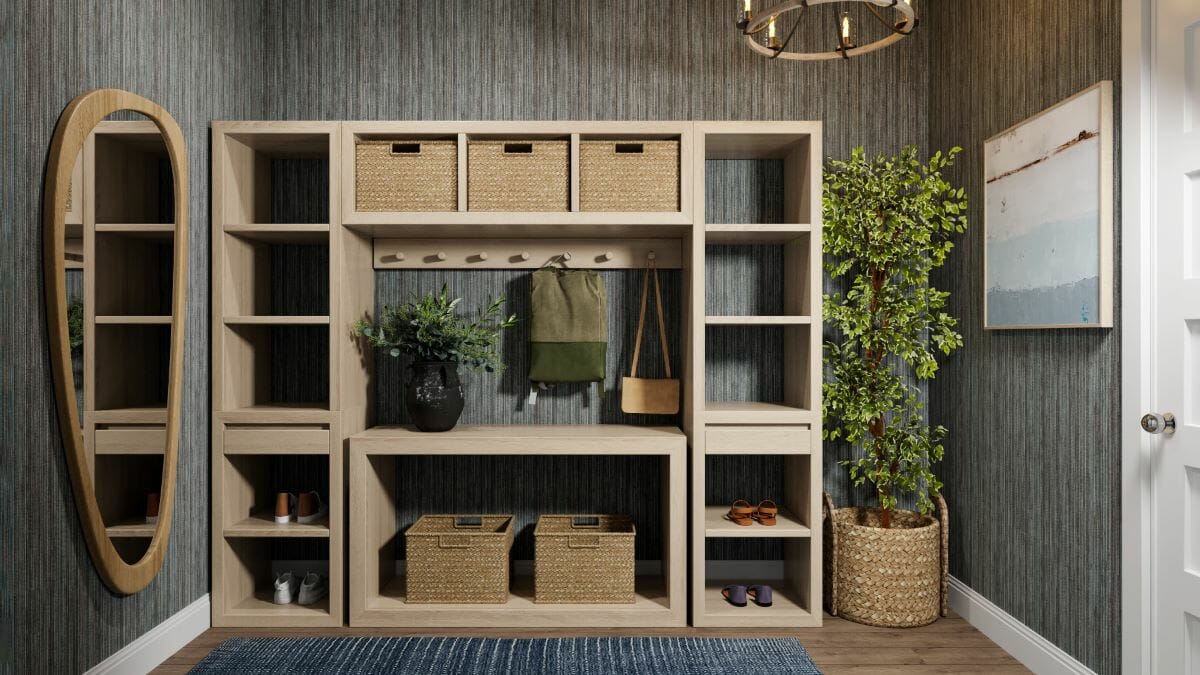 Mudroom ideas with open shelving by Decorilla