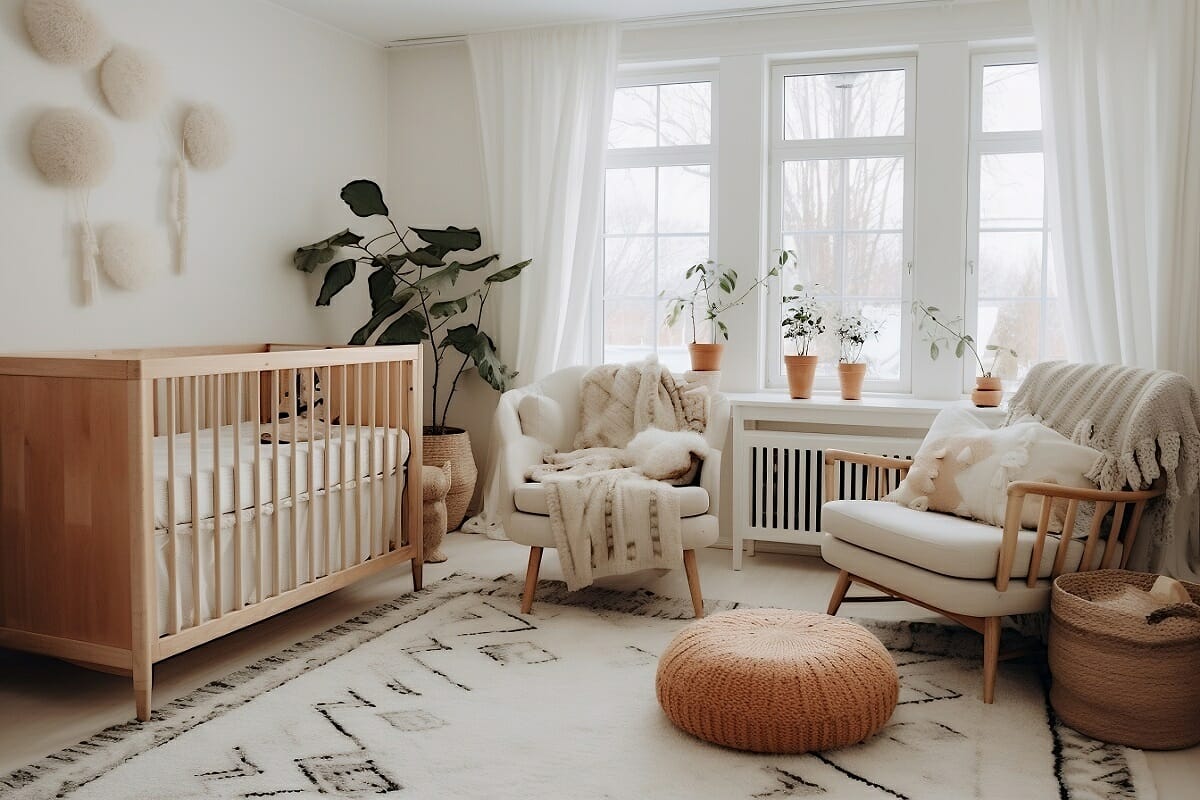 Neutral boho nursery room ideas with two chairs