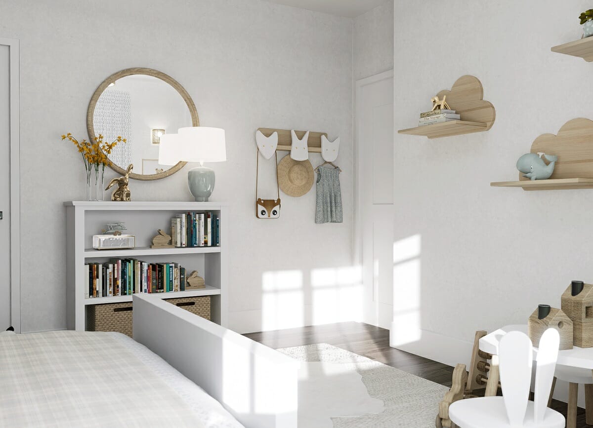 Nursery in master bedroom with cute shelving