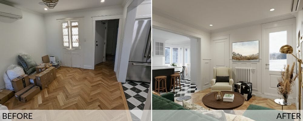 Parisian living before (left) and after (right) interior design by Decorilla