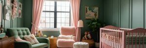 Pink and green forest themed nursery designs