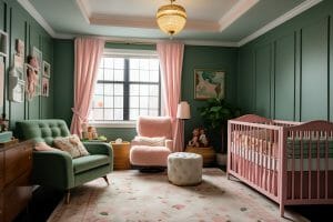 Pink and green forest themed nursery designs