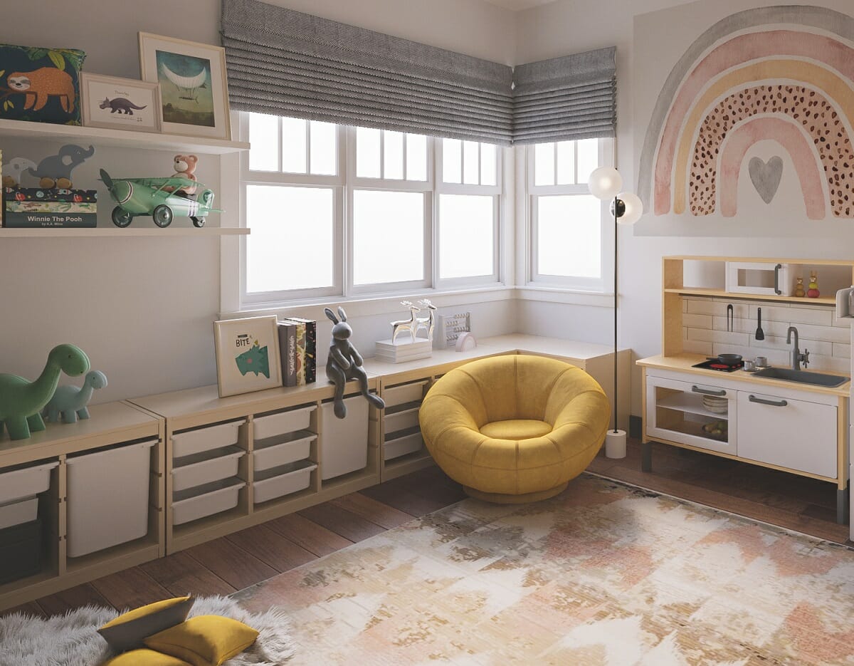 Playroom decorating ideas with a kitchenette and cute decor