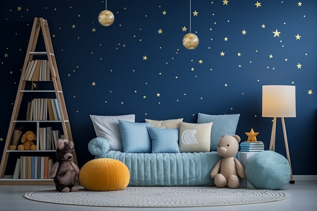 outer space themed nursery with blue walls and star decals