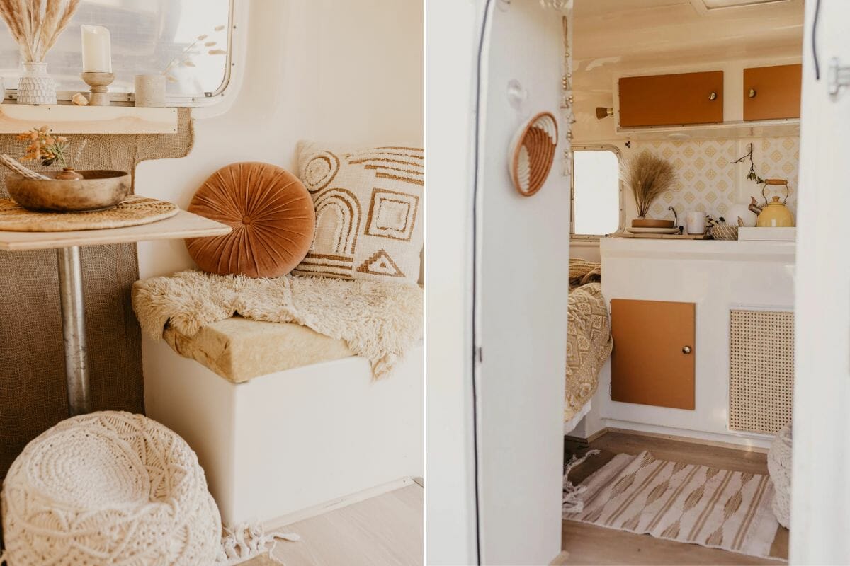 Burro camper trailer conversion with boho decor