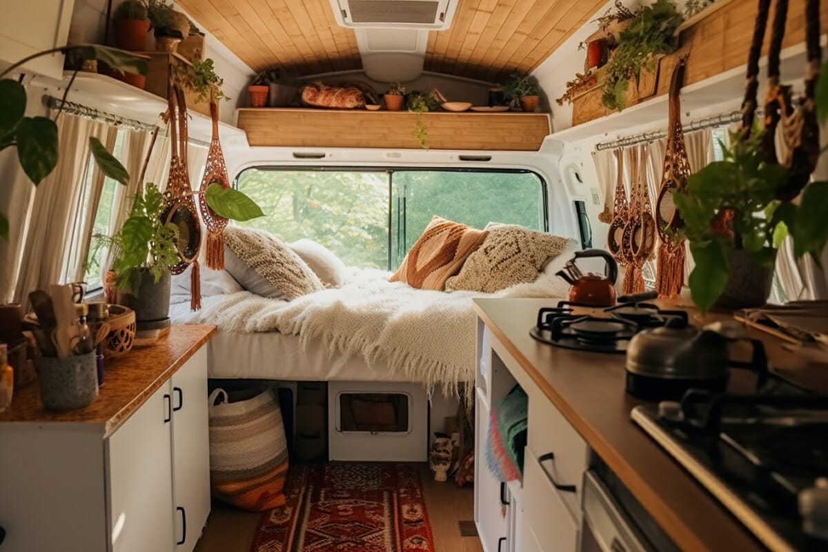 Camper trailer design with cozy boho camper style