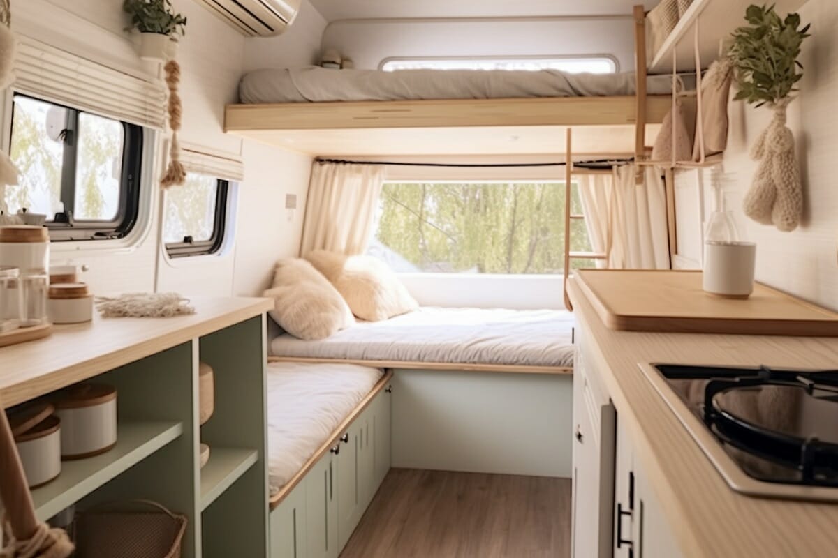 Cute DIY camper trailer designs with camper van interior design ideas that save space