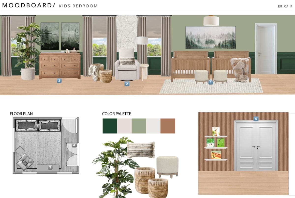 Decorilla's green nursery design moodboard for twins