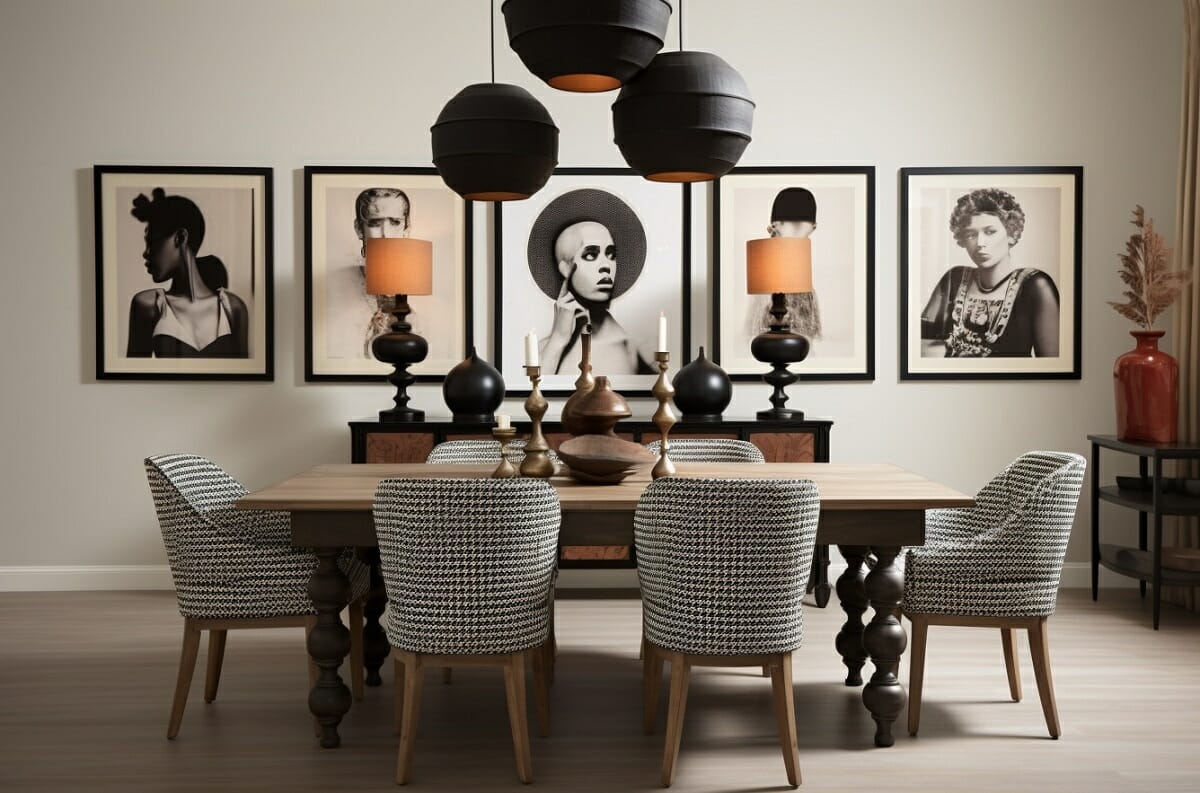 Dining room lighting trends 2024 with black pendants