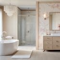 Feminine modern bathroom with wallpaper