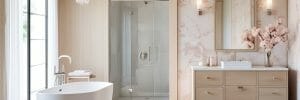 Feminine modern bathroom with wallpaper
