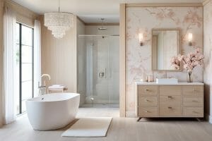 Feminine modern bathroom with wallpaper