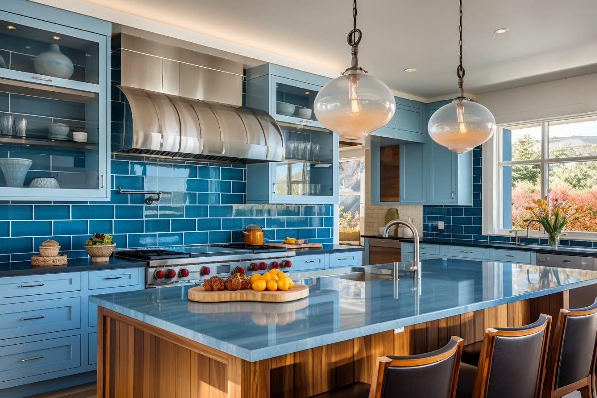 Kitchen cabinet color trends 2024 and blue blacksplash