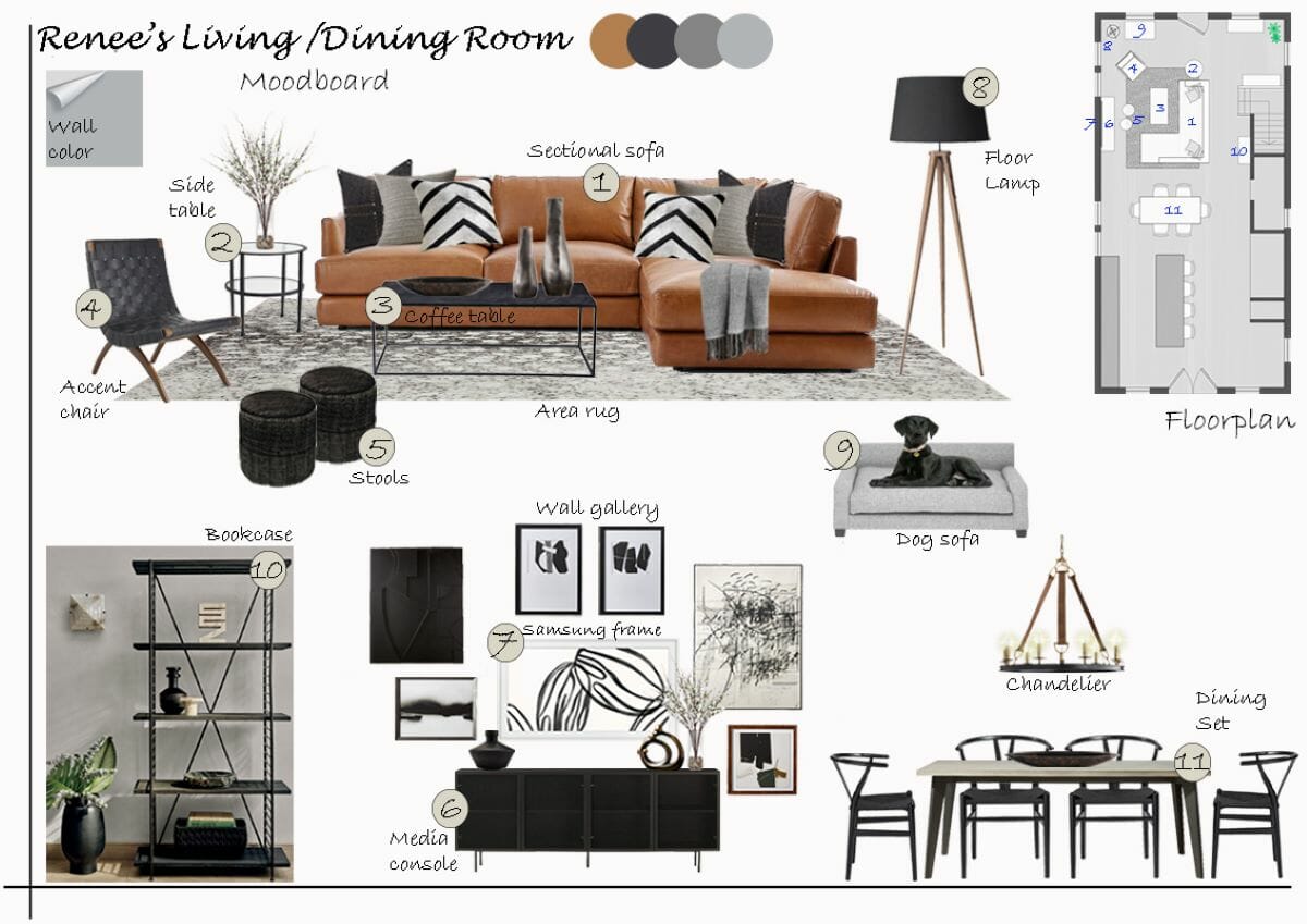 Open plan kitchen, living and dining room moodboard by Decorilla