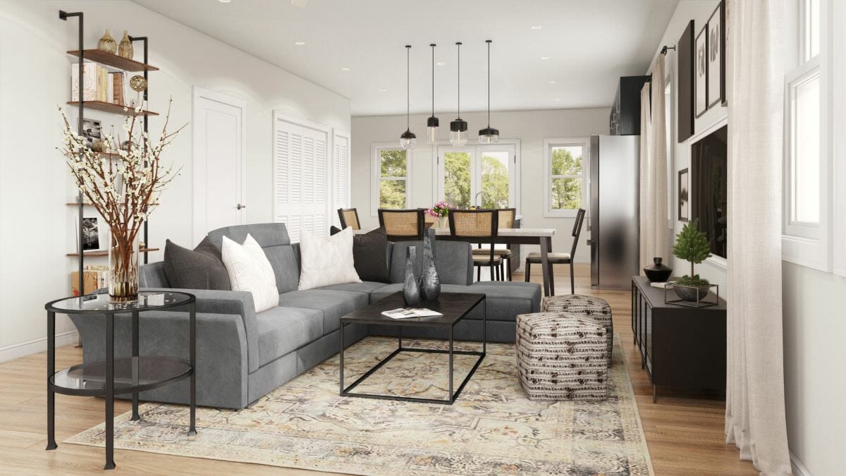 Open-plan living room design by Decorilla