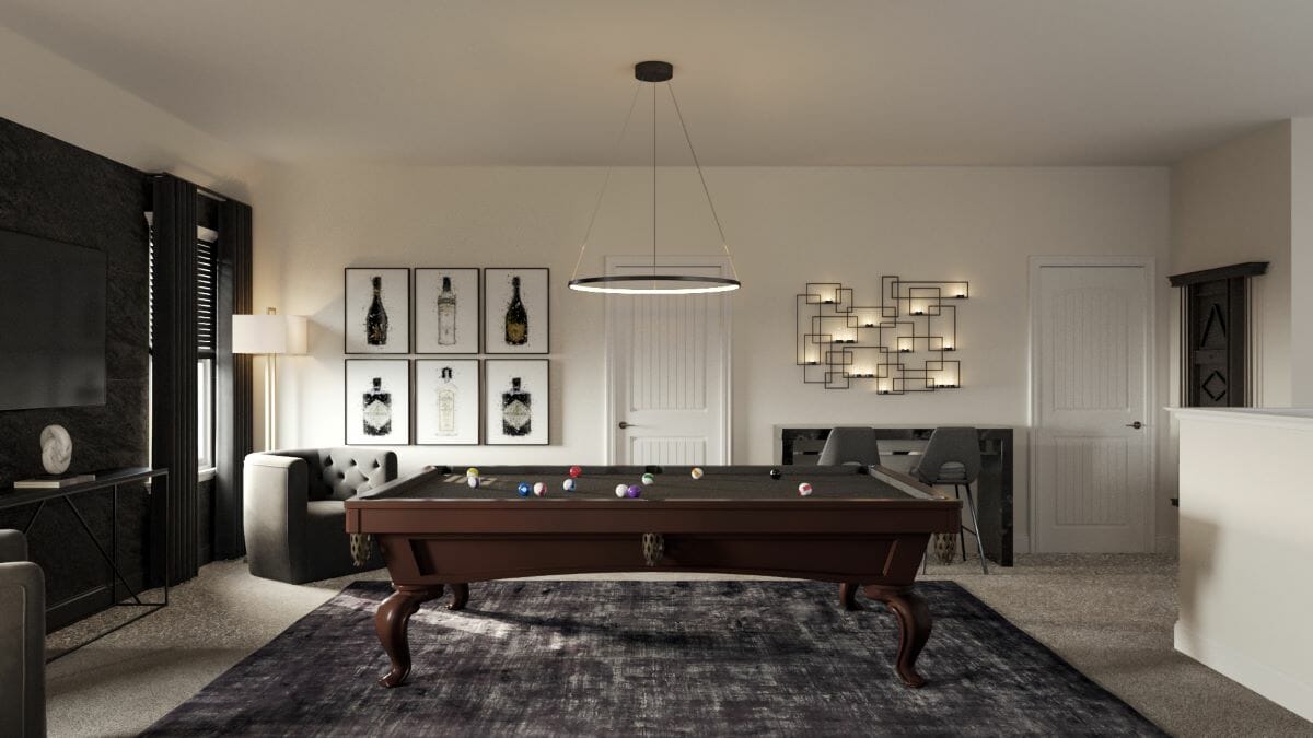 Short term rental interior design of a game room by Decorilla
