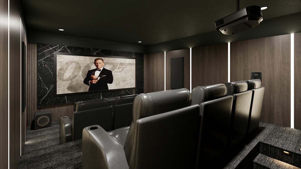 Short term rental interior design of a home theatre by Decorilla