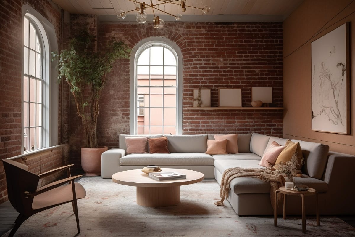 Wabi sabi design style for a living room with exposed brick