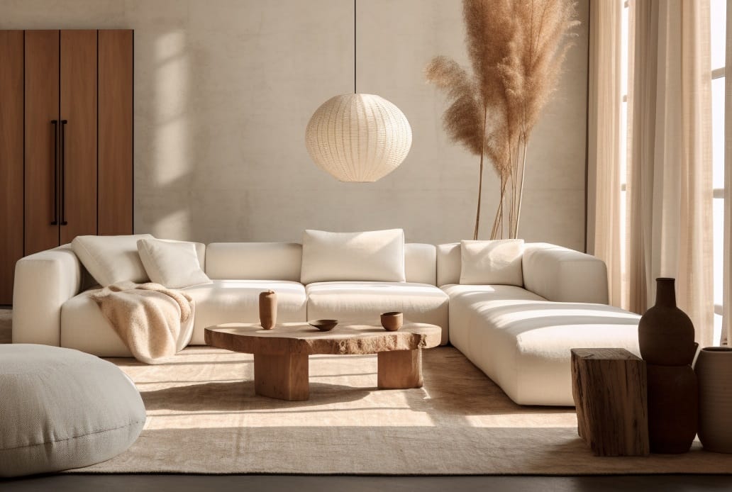 Wabi sabi home design and décor style for a living room
