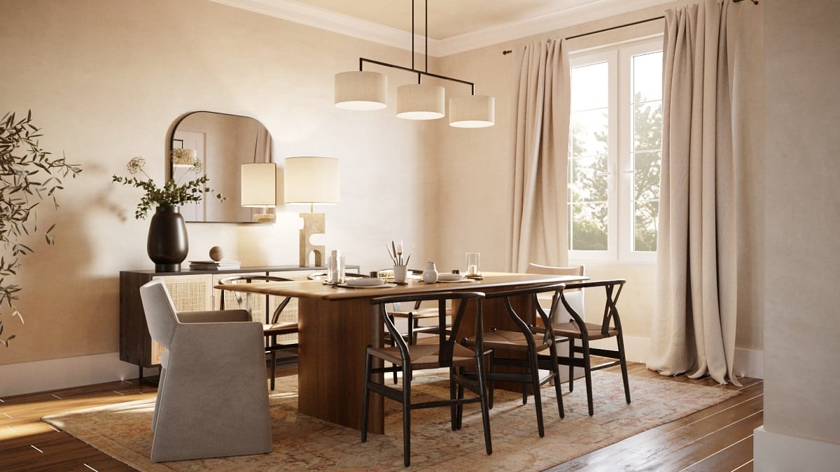 Wabi sabi style dining room with mismatched chairs