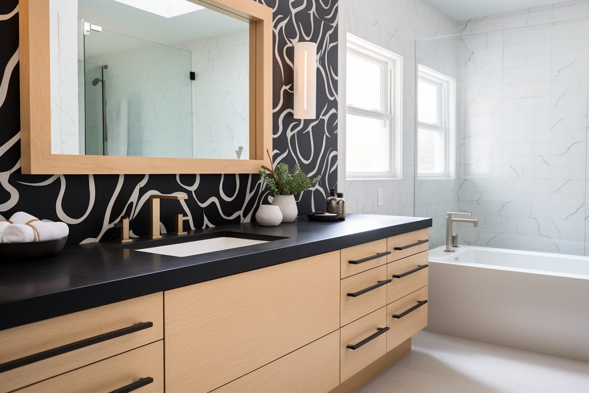 Black graphic bathroom wall paper ideas