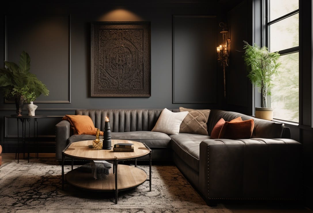 Black interior with a sectional vs sofa and loveseat