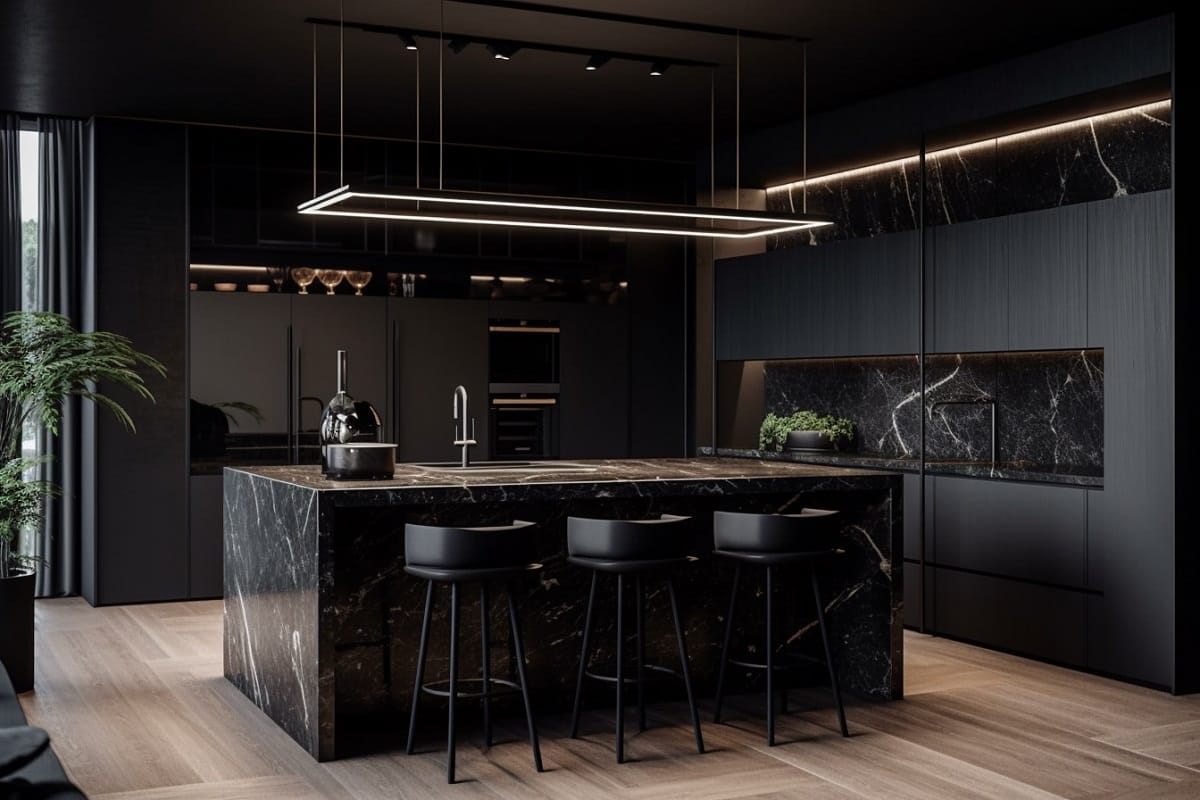 Black kitchen interior design with color drenching technique