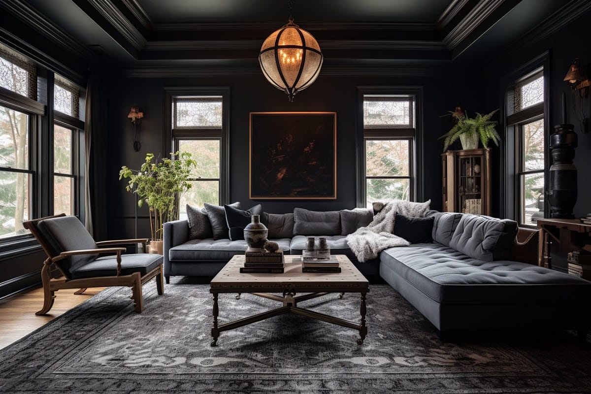 Charcoal color drenching living room interior technique