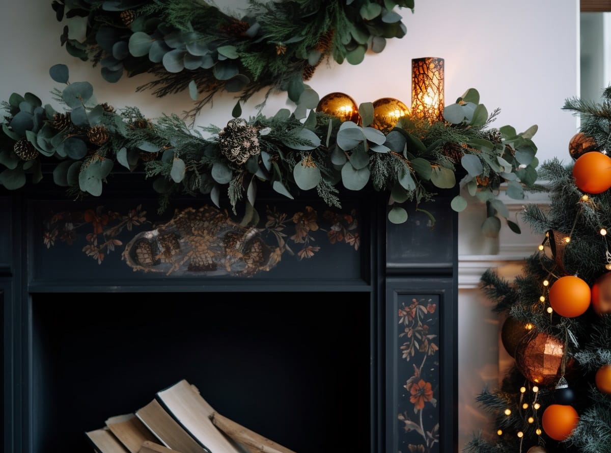 Christmas decorations in a dark living room - Christmas mantel ideas