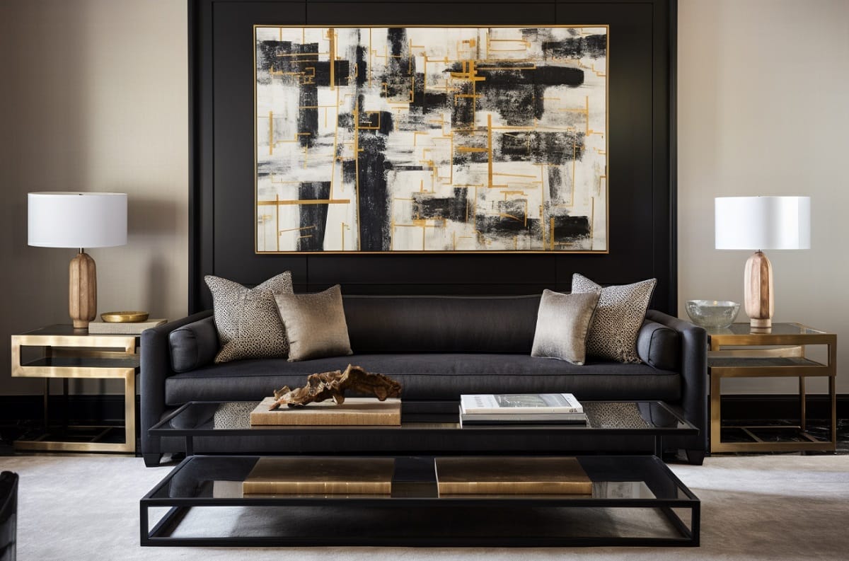 Color drenching for a living room with a black focal point