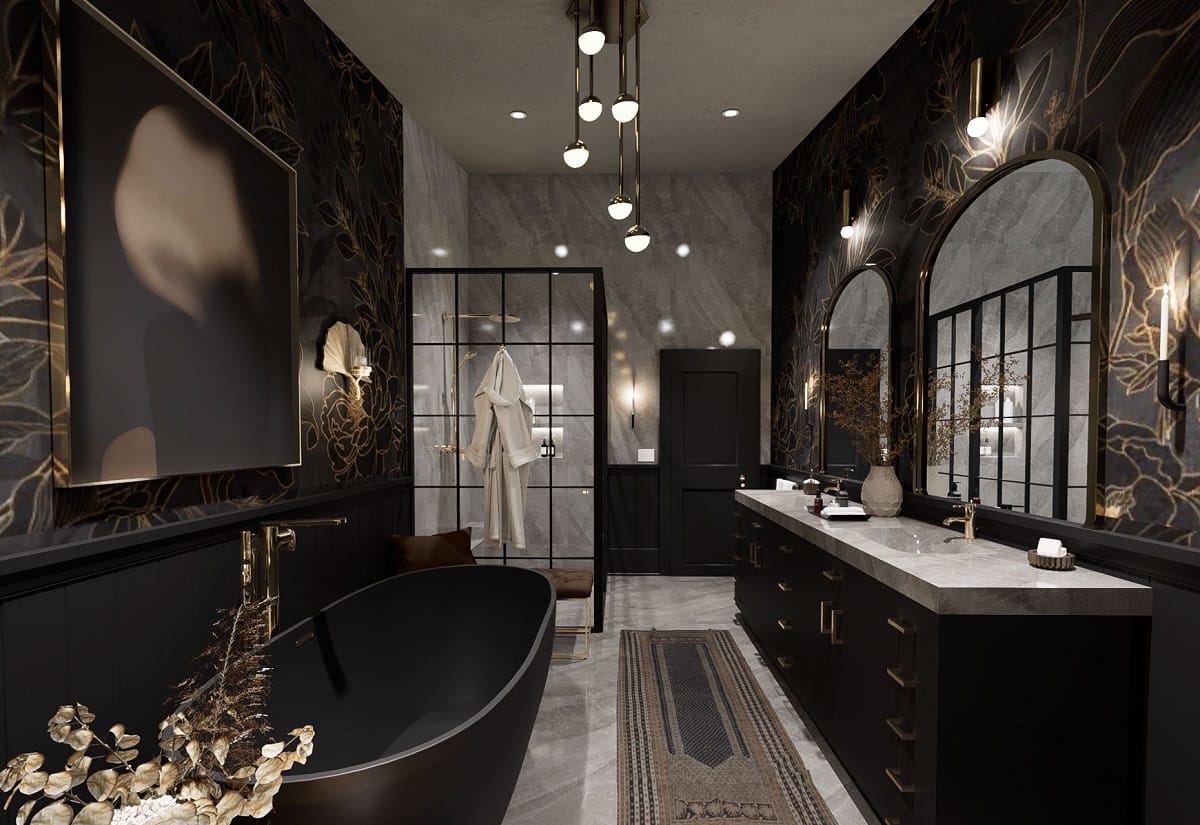 Contemporary bathroom wallpaper ideas and inspiration for a black and gold interior design