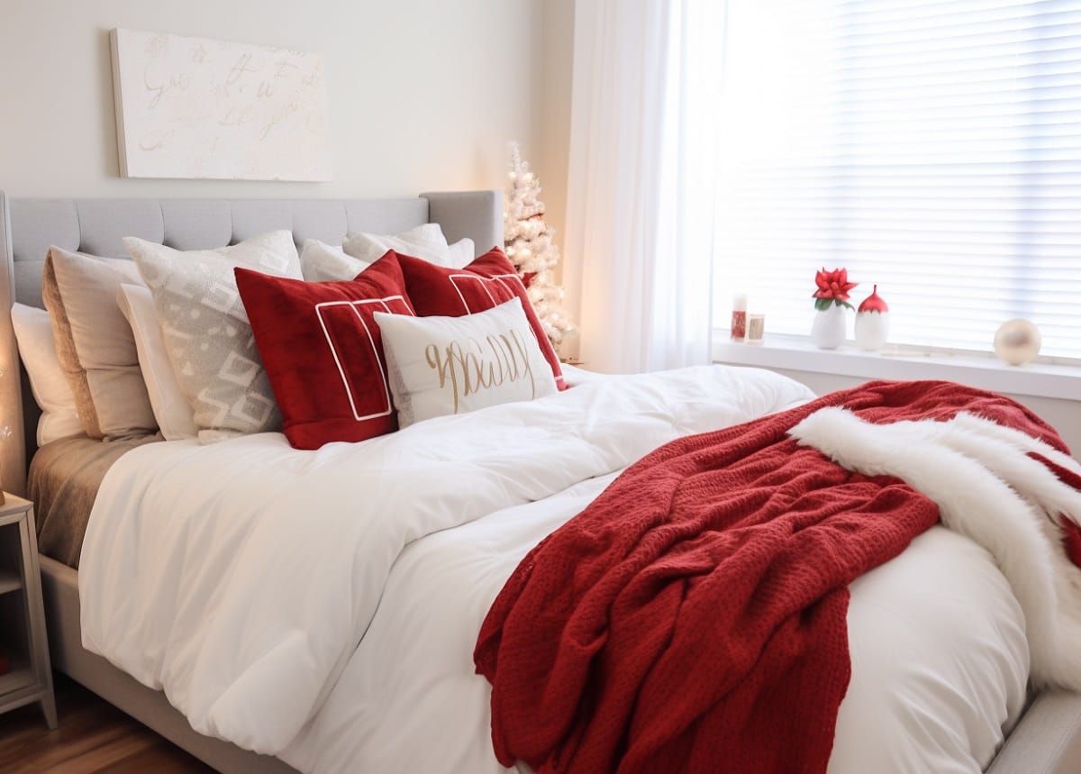 Cozy holiday bedroom decor in white and red